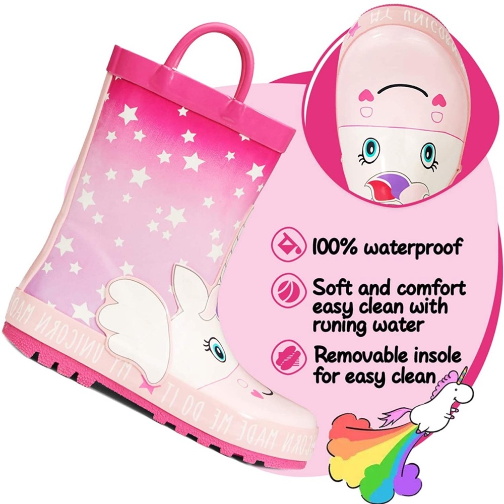 Kids Rain Boots Waterproof Printed Rubber boots with Handles Sz 5T